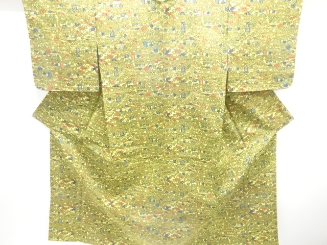 JAPANESE KIMONO / ANTIQUE KIMONO / SILK / JODAI TSUMUGI / EGASUMI & HOUSES & FLORAL PLANTS